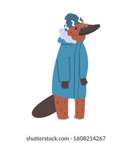 Platypus Wearing Warm Jacket and Hat, Humanized Forest Animal Character in Winter Clothes Cartoon Vector illustration