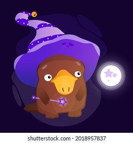 A platypus in a wizard's hat holds a magic wand. A magic ball is flying nearby.