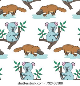 Platypus.Australian  animal. Koala on a eucalyptus tree branches. vector illustration for children.Seamless pattern.Cute cartoon on a white background.Print for textile,paper,scrapbooking,wallpapers.