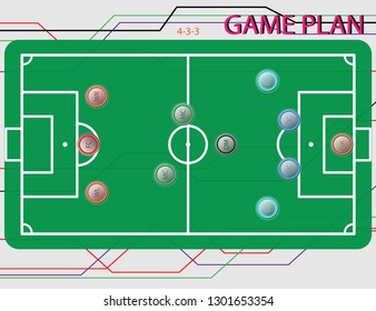 Play the 4-3-3 system on the football field and players. Stripes background