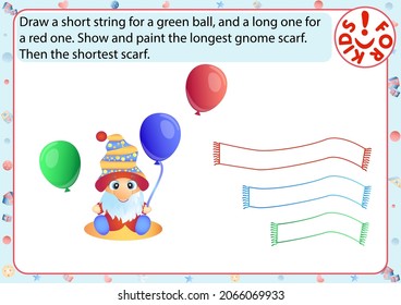 Play activities for children from 2 to 3 years old. Gnome with balloons. Children's vector template for educational books, developmental education.