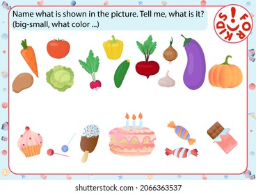 Play activities for children from 2 to 3 years old. Vegetables. Sweets. Children's vector template for educational books, developmental education.