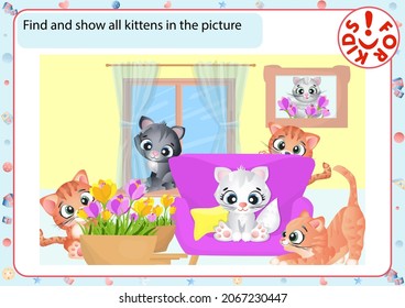 Play activities for children from 2 to 3 years old to develop attention. Kittens of different breeds.
