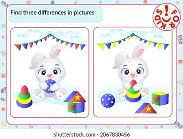 Play activities for children from 2 to 3 years old for the development of attention and memory. Cute bunny. White rabbit with toys.