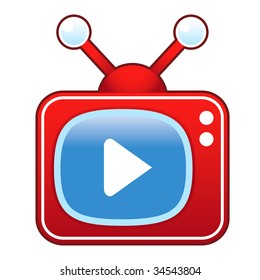 Play or advance media player icon on retro television set suitable for use in print, on websites, and in promotional materials.