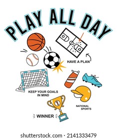 Play All Day, Sport T-shirt Print Design. 