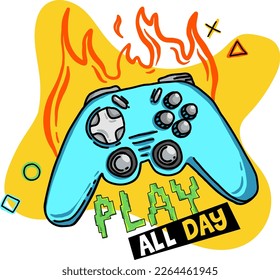 Play all day. Typography gamer print with joystick. For boys graphic tees