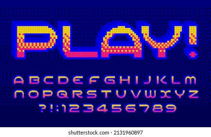 Play Alphabet Font. 3D Pixel Letters And Numbers. 80s Arcade Video Game Typeface.