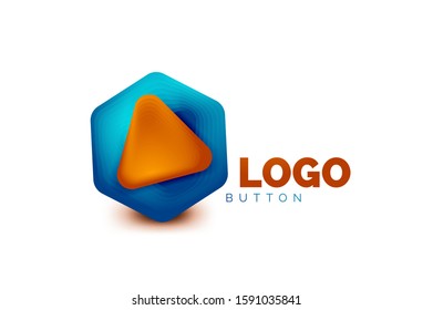 Icono de botón Reproducir, flecha o descargar, plantilla mínima de logotipo comercial de diseño. 3d negrita geométrica en estilo de relieve con efecto de combinación de colores. Ilustración vectorial para papel de escritorio, pancarta, fondo, tarjeta