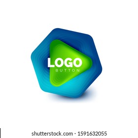 Icono de botón Reproducir, flecha o descargar, plantilla mínima de logotipo comercial de diseño. 3d negrita geométrica en estilo de relieve con efecto de combinación de colores. Ilustración vectorial para papel de escritorio, pancarta, fondo, tarjeta