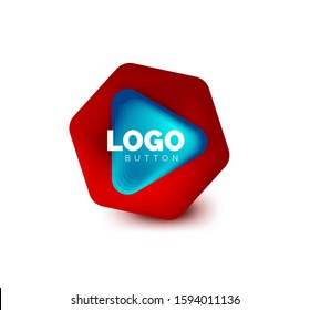 Icono de botón Reproducir, flecha o descargar, plantilla mínima de logotipo comercial de diseño. 3d negrita geométrica en estilo de relieve con efecto de combinación de colores. Ilustración vectorial para papel de escritorio, pancarta, fondo, tarjeta