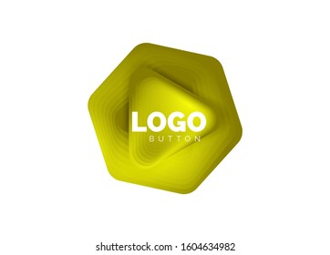 Icono de botón Reproducir, flecha o descargar, plantilla mínima de logotipo comercial de diseño. 3d negrita geométrica en estilo de relieve con efecto de combinación de colores. Ilustración vectorial para papel de escritorio, pancarta, fondo, tarjeta