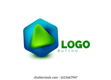 Icono de botón Reproducir, flecha o descargar, plantilla mínima de logotipo comercial de diseño. 3d negrita geométrica en estilo de relieve con efecto de combinación de colores. Ilustración vectorial para papel de escritorio, pancarta, fondo, tarjeta