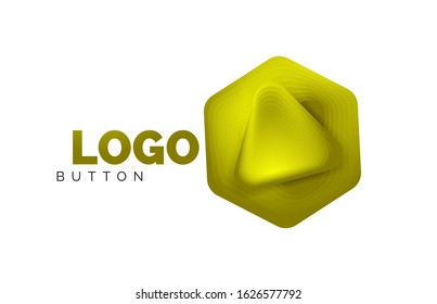 Icono de botón Reproducir, flecha o descargar, plantilla mínima de logotipo comercial de diseño. 3d negrita geométrica en estilo de relieve con efecto de combinación de colores. Ilustración vectorial 