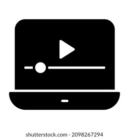 Play arrow inside laptop, icon of online video

