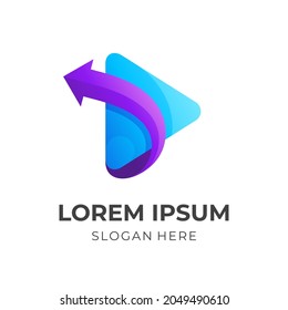 play and arrow logo concept with 3d blue and purple color style