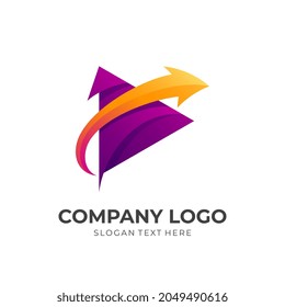 play and arrow logo design with 3d colorful style