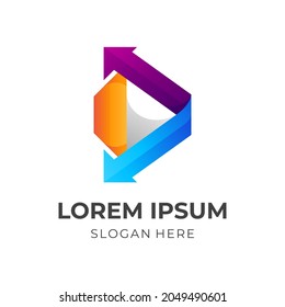 diseño de logotipo de reproducción y flecha con estilo 3d colorido
