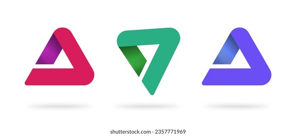 Play arrow logo icon triangle vector, modern forward tech triple logotype design, red purple blue green abstract letter symbol, geometric trendy creative solid technology digital element image clipart