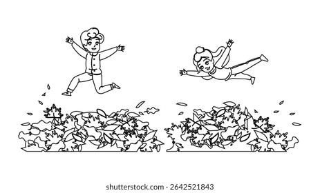 jogar outono criança salto vetor. divertido, ao ar livre crocante, suéter brisa jogar outono criança saltar personagem. pessoas linha preta lápis desenho ilustração