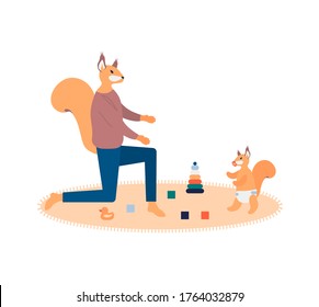 Play with baby background. Modern illustration slider site page. The concept of daddy playing with his squirrel squirrel design. Web banner parents playing with their children in toys vector.
