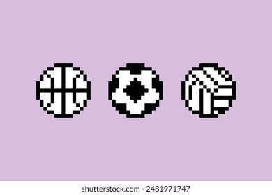 Play balls pixel art collection. Soccer, football, basketball, volleyball icon set. Y2k trendy playful pixelated stickers. Mood of 90's aesthetics. 8-bit retro style vector illustration