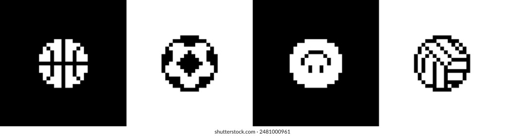 Play balls pixel art style set. Soccer, basketball, volleyball. Ball icon collection. Mood of 90's aesthetics. 8-bit retro style pixelated vector illustration. Simple geometric form. Black and white