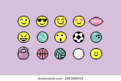 Jugar bolas pixel art conjunto de estilo. Fútbol, fútbol, tenis, baloncesto, voleibol, boliche colección icono de la bola. Sentimiento de la estética de los 90. Ilustración vectorial pixelada de 8 bits de estilo retro. Forma simple