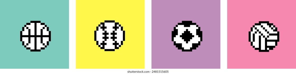 Jugar bolas pixel art conjunto de estilo. Fútbol, béisbol, baloncesto, voleibol. Icono de bola colección. Sentimiento de la estética de los 90. Ilustración vectorial pixelada de 8 bits de estilo retro. Forma geométrica simple