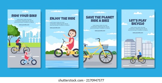 Play Bicycle Social Media Stories Template Flat Cartoon Background Vector Illustration