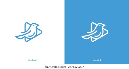 Juega a los Diseños del logotipo del pájaro. Juega Botón y pájaro con estilo de contorno de arte de línea. Logo, ícono, símbolo, Vector, Plantilla de diseño.