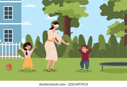 Play blindfolded with mom. Boy and girl hiding from their mother. Family entertainment, outdoor activities, weekends and holidays. People spend time together. Cartoon flat vector illustration