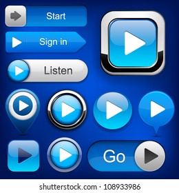 Play blue web buttons for website or app. Vector eps10.