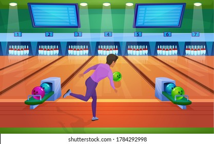 Play bowling game flat vector illustration. Cartoon active man player playing in bowling alley interior, bowler gamer character throwing ball and striking pins, leisure or sport activity background