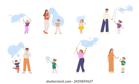 Play with bubbles. Soap bubbles show party, adults and children playing. Funny outdoor games and recreation. Blowing kid snugly vector character