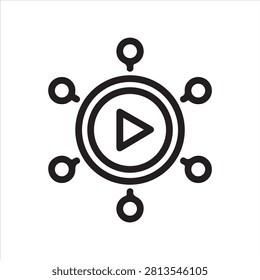 Play button and abstract units. Web conference, video meeting, distance communication concept outline pictograph.