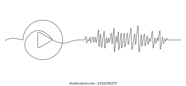 Botón Reproducir con pista de audio dibujada en una línea continua. Dibujo de una línea, minimalismo. Ilustración vectorial.