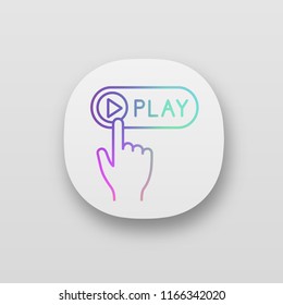 Play button click app icon. UI/UX user interface. Multimedia player. Start, launch. Hand pushing button. Web or mobile application. Vector isolated illustration