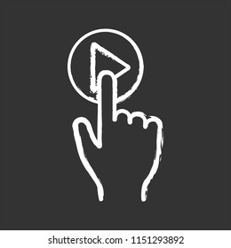 Play button click chalk icon. Start, launch. Media player. Hand pushing button. Isolated vector chalkboard illustration 
