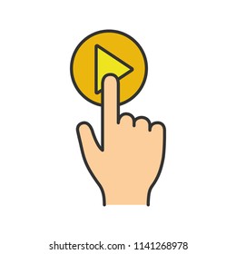 Play button click color icon. Start, launch. Media player. Hand pushing button. Isolated vector illustration