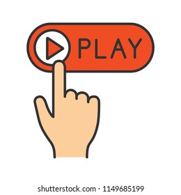Play button click color icon. Multimedia player. Start, launch. Hand pushing button. Isolated vector illustration