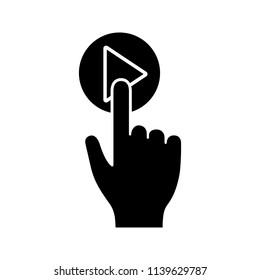 Play button click glyph icon. Start, launch. Media player. Hand pushing button. Silhouette symbol. Negative space. Vector isolated illustration