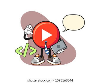 Play button developer with speech bubble cartoon. Mascot Character vector.