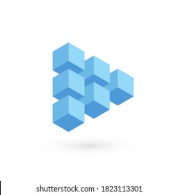 Botón de reproducción para medios digitales, audio y video, forma triangular a partir de cubos 3D, figura volumétrica azul, símbolo de arquitectura. Plantilla de logotipo vectorial aislado para empresas. Icono para infografía