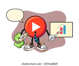 Play button economist with speech bubble cartoon. Mascot Character vector.