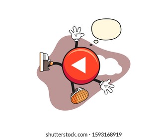 Play button fall from sky with thought bubble cartoon. Mascot Character vector.