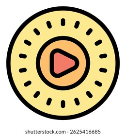 Play button featuring a vibrant orange center with a play symbol, radiating outward with yellow beams, creating a dynamic and engaging visual