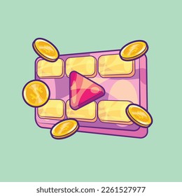 Play Button with Film and Falling Coins Vector. Streaming Earning Illustration