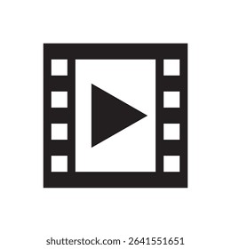 Play button in film frame silhouette icon. Cinematic style vector for media, video apps, and film content.
