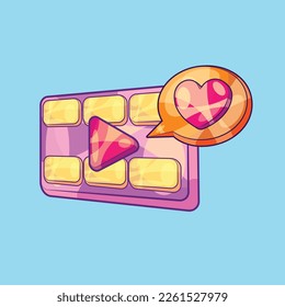 Play Button with Film and Heart Shape in Speech Bubble. Video Get Like Illustration